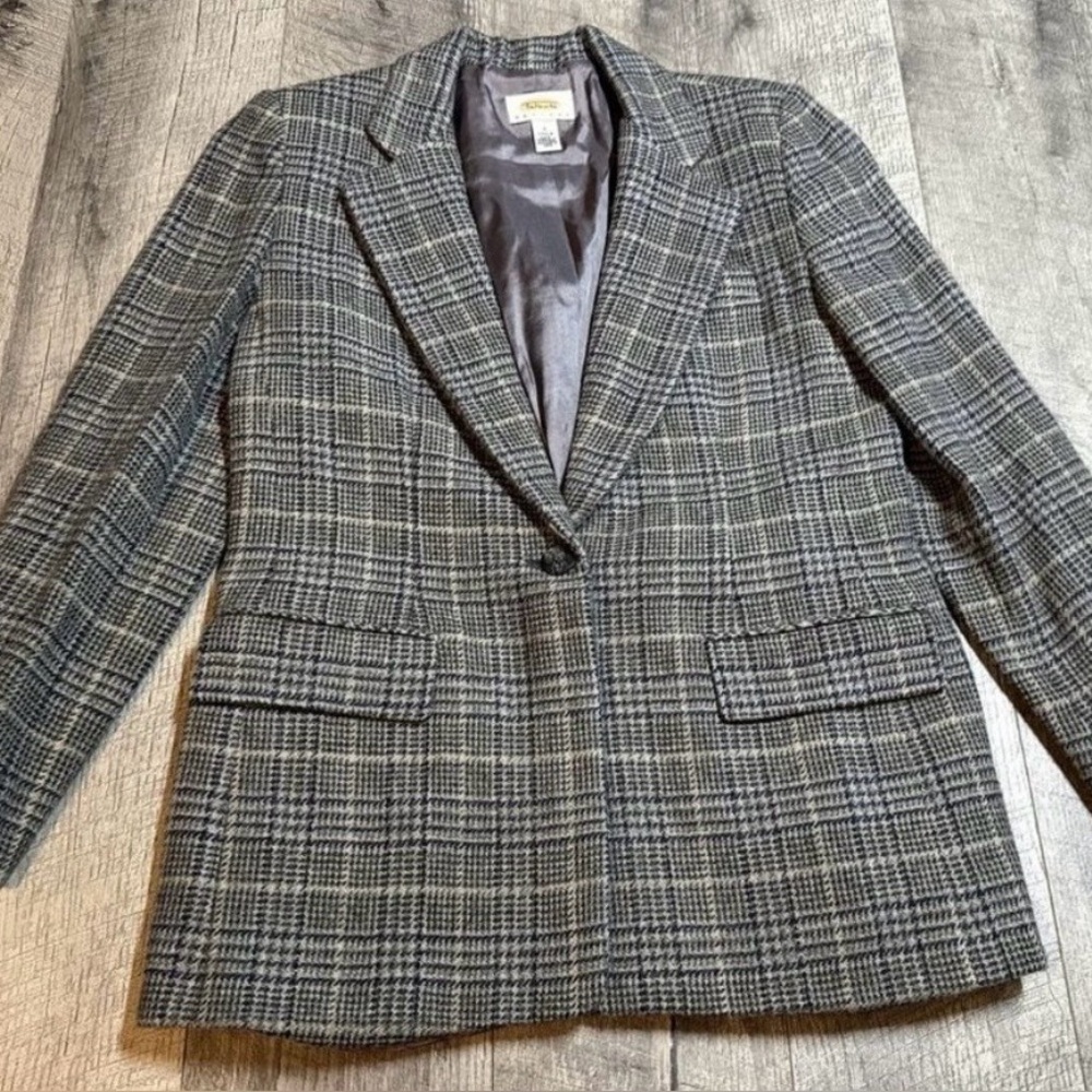 Vintage Talbots Blazer Womens 6 Gray‎ Plaid Alpaca Wool Pockets Career Lined USA